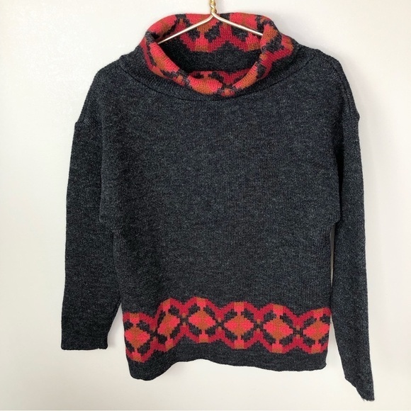 Vintage gray wool cowl neck red & rust artsy pattern sweater S/M - Picture 1 of 9